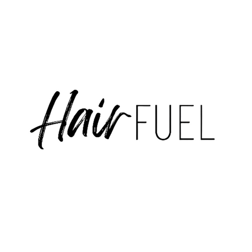 Logo of 'Hair Fuel' with 'Hair' in cursive and 'Fuel' in uppercase on a black background.